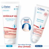 Visuel d’OSTÉOCALM® GEL du Laboratoire Dielen présentant ses deux formats de 75 ml : tube classique et nouveau format roll-on pour une application ciblée.