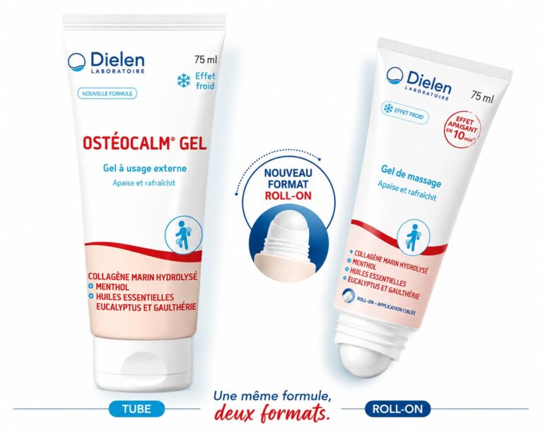 Visuel d’OSTÉOCALM® GEL du Laboratoire Dielen présentant ses deux formats de 75 ml : tube classique et nouveau format roll-on pour une application ciblée.