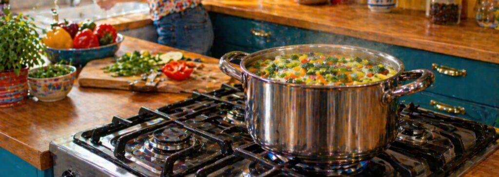 Soupe de légumes maison en cuisson dans une grande casserole avec préparation de légumes frais en cuisine