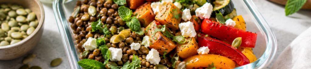 Lentil salad with roasted vegetables, feta cheese, pumpkin seeds, and fresh herbs in a glass container—perfect for a healthy, balanced diet.