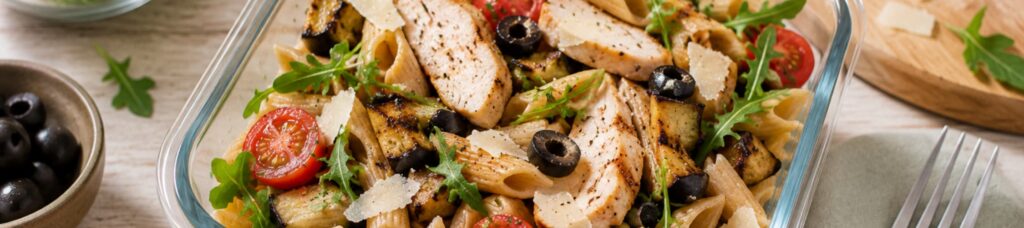 Whole-grain pasta salad with grilled chicken, cherry tomatoes, black olives, eggplant, arugula, and Parmesan shavings, served in a glass bowl.