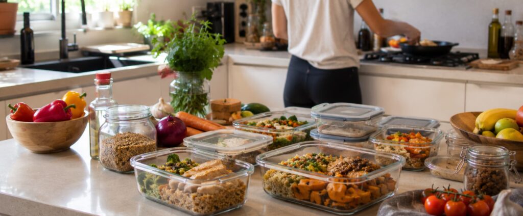 Preparing healthy meals through batch cooking in a modern kitchen using fresh vegetables, whole grains, protein, and balanced dishes stored in glass containers for a healthy and organized diet.
