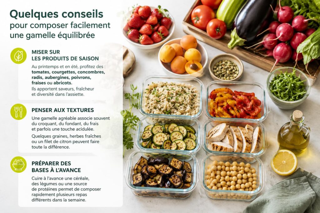 An infographic offering tips on how to put together a balanced meal featuring seasonal vegetables, protein, whole grains, and pre-prepared ingredients for a healthy diet.